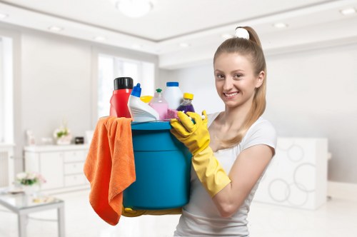 Cleaner applying carpet cleaning product with care